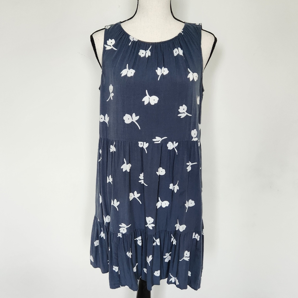 Loft Outlet Women's Dress  Gray Navy Floral Sleeveless Tier Swing Women Sm